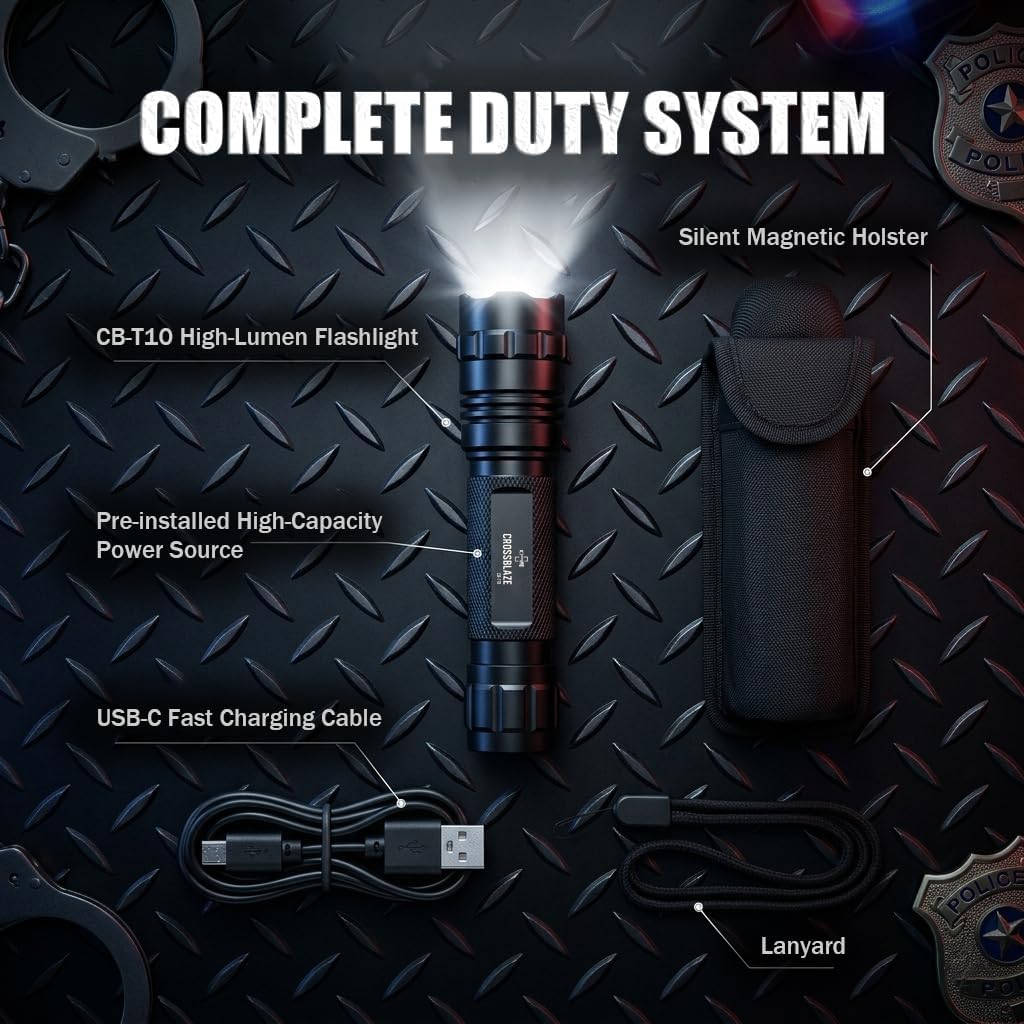 Tactical Flashlight with Silent Magnetic Holster, 1000 Lumens Rechargeable LED Light, USB-C Fast Charging, IP65 Waterproof for Police Duty Belt, Security Patrol & Emergency, CB-T10