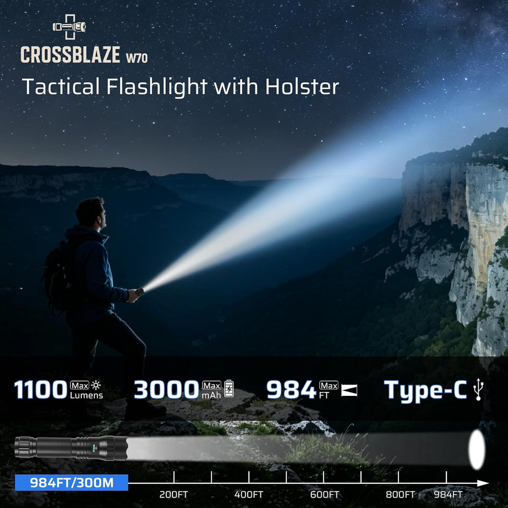 W70 Police Flashlight with Holster, 1100 Lumens Rechargeable LED Flashlight and 360°Rotating Tactical Holster for Law Enforcement and Outdoor