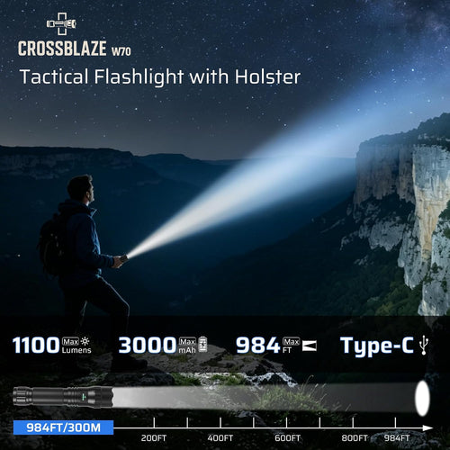 W70 Police Flashlight with Holster, 1100 Lumens Rechargeable LED Flashlight and 360°Rotating Tactical Holster for Law Enforcement and Outdoor