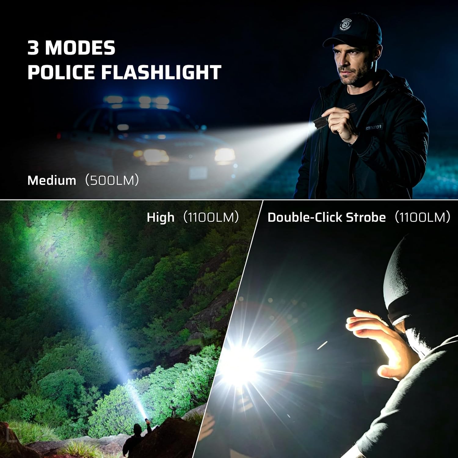 W70 Police Flashlight with Holster, 1100 Lumens Rechargeable LED Flashlight and 360°Rotating Tactical Holster for Law Enforcement and Outdoor