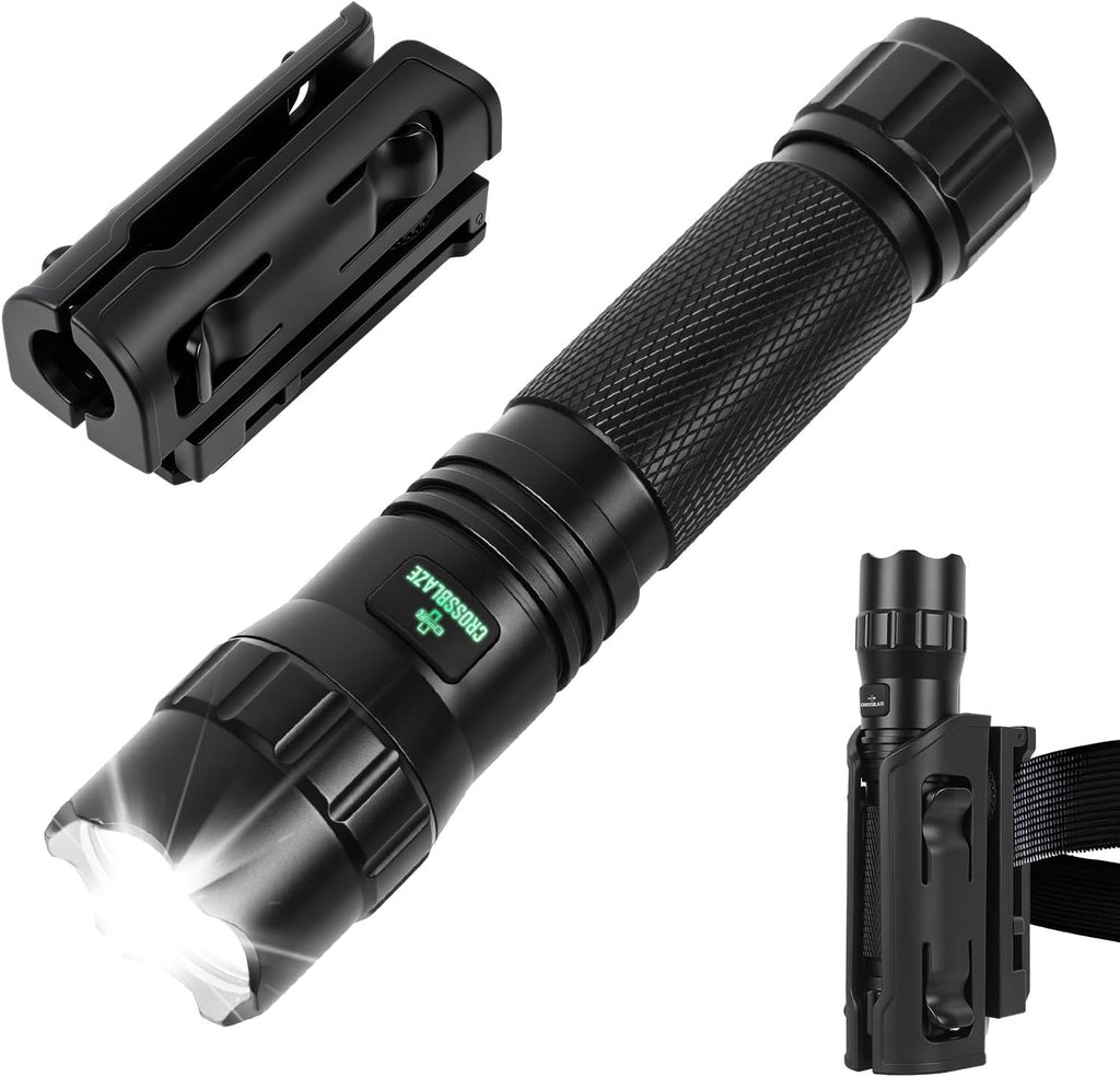 W70 Police Flashlight with Holster, 1100 Lumens Rechargeable LED Flashlight and 360°Rotating Tactical Holster for Law Enforcement and Outdoor