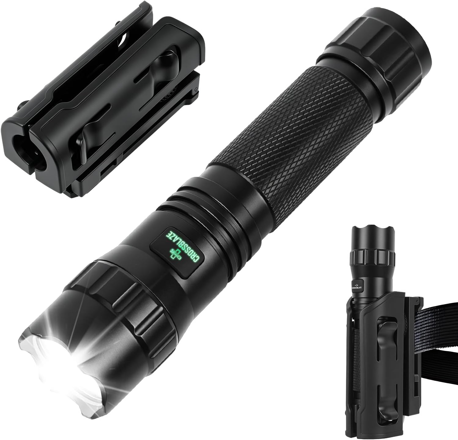 W70 Police Flashlight with Holster, 1100 Lumens Rechargeable LED Flashlight and 360°Rotating Tactical Holster for Law Enforcement and Outdoor