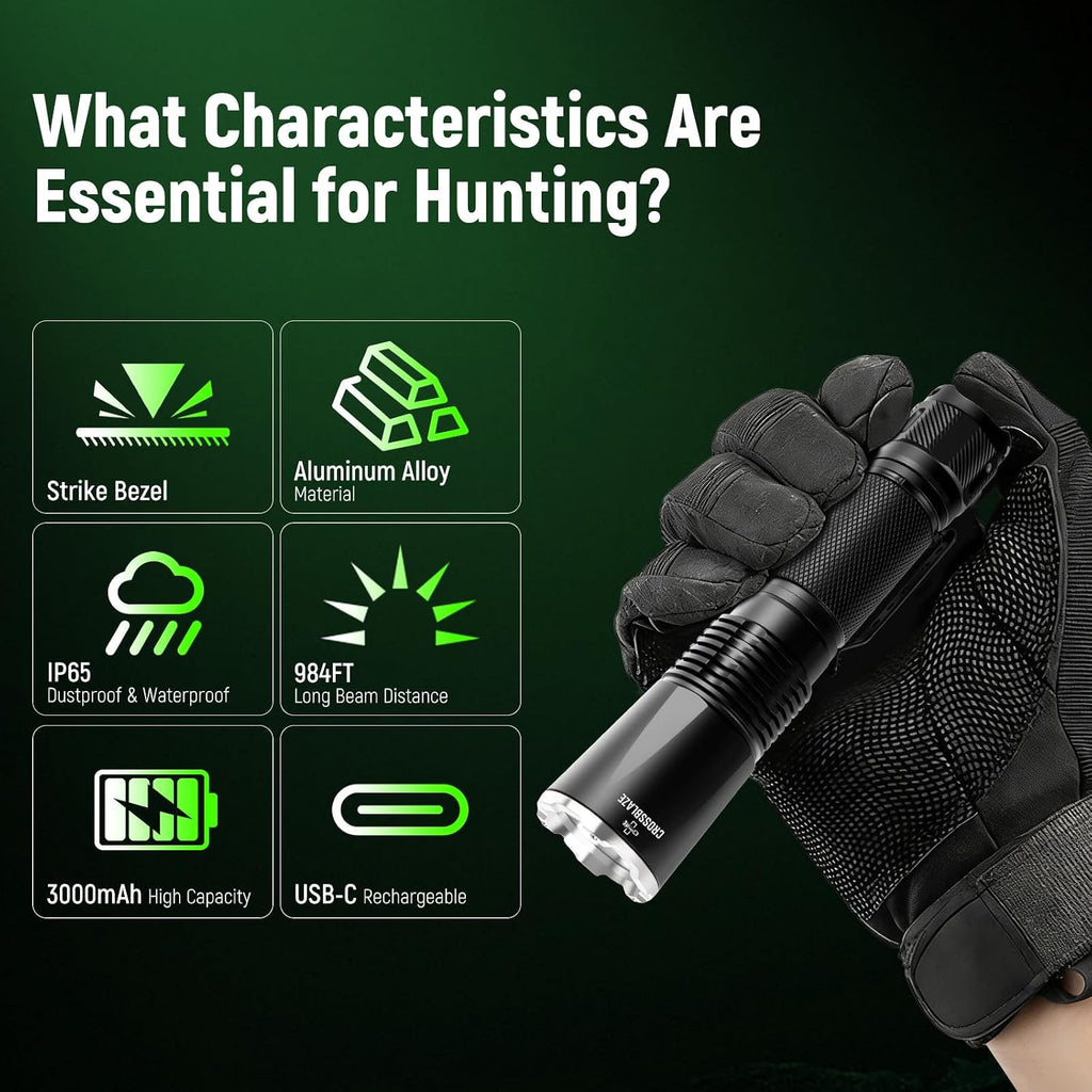 Rechargeable Green Hunting Flashlight, Long Range 984 FT Super Bright Light for Coyote Hog Fox Hunting and Night Observation ProC80-G (Green)