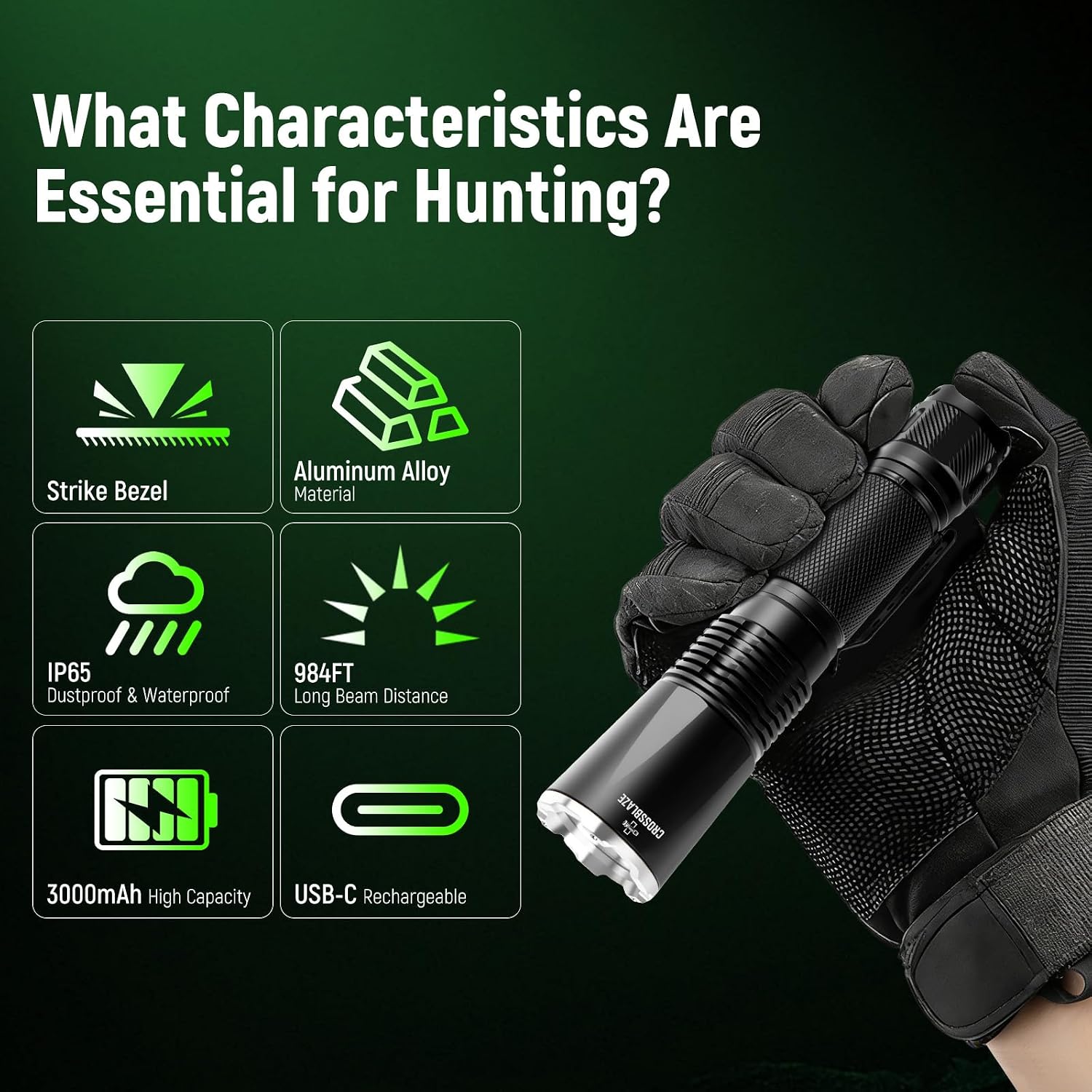 Rechargeable Green Hunting Flashlight, Long Range 984 FT Super Bright Light for Coyote Hog Fox Hunting and Night Observation ProC80-G (Green)