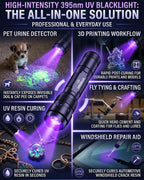 395-405nm UV Flashlight, Zoomable Black Light for Resin Curing | Pet urine detector light for carpets and upholstery, UV leak detection light for A/C dye, & scorpion hunting and hotel checks